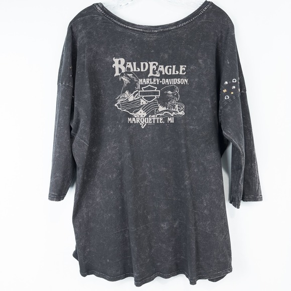 Harley Davidson Womens XL Marquette MI Forever Bald Eagle Studded 3/4 Sleeve Top - Picture 2 of 16